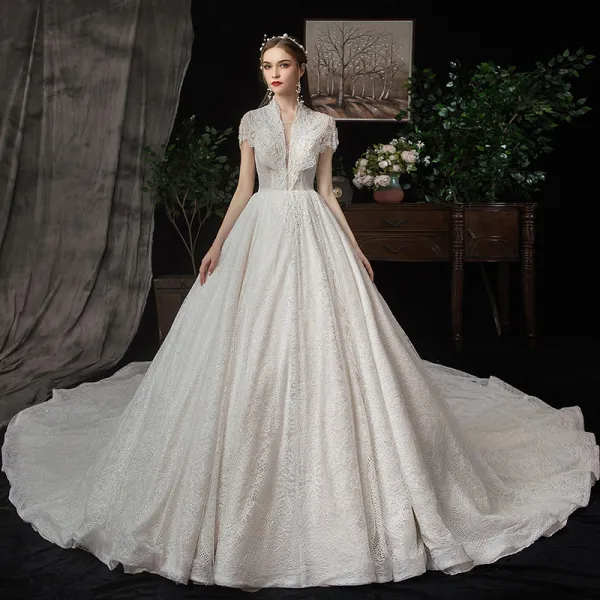 Best Champagne Lace Wedding Dresses 2020 A-Line / Princess See-through Deep V-Neck Short Sleeve Beading Pearl Sequins Cathedral Train Ruffle