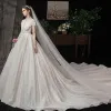 Best Champagne Lace Wedding Dresses 2020 A-Line / Princess See-through Deep V-Neck Short Sleeve Beading Pearl Sequins Cathedral Train Ruffle