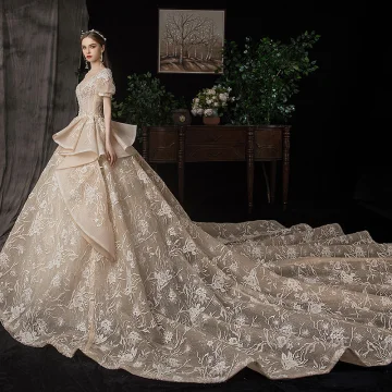 Style Victorien Champagne Robe De Mariée 2020 Robe Boule V Cou Gonflée Manches Courtes Dos Nu Glitter Tulle Appliques En Dentelle Perlage Royal Train Volants