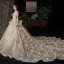 Victorian Style Champagne Wedding Dresses 2020 Ball Gown V-Neck Puffy Short Sleeve Backless Glitter Tulle Appliques Lace Beading Royal Train Ruffle