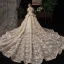 Victorian Style Champagne Wedding Dresses 2020 Ball Gown V-Neck Puffy Short Sleeve Backless Glitter Tulle Appliques Lace Beading Royal Train Ruffle
