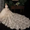 Victorian Style Champagne Wedding Dresses 2020 Ball Gown V-Neck Puffy Short Sleeve Backless Glitter Tulle Appliques Lace Beading Royal Train Ruffle