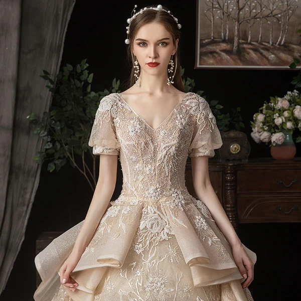 Victorian Style Champagne Wedding Dresses 2020 Ball Gown V-Neck Puffy Short Sleeve Backless Glitter Tulle Appliques Lace Beading Royal Train Ruffle