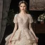 Victorian Style Champagne Wedding Dresses 2020 Ball Gown V-Neck Puffy Short Sleeve Backless Glitter Tulle Appliques Lace Beading Royal Train Ruffle