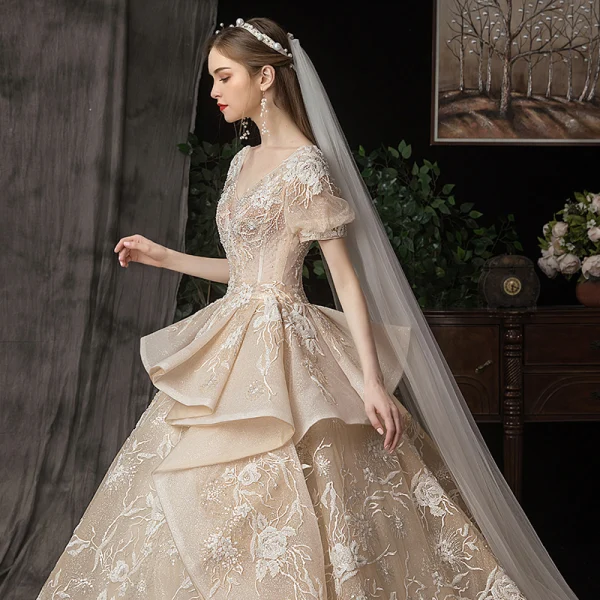 Victorian Style Champagne Wedding Dresses 2020 Ball Gown V-Neck Puffy Short Sleeve Backless Glitter Tulle Appliques Lace Beading Royal Train Ruffle