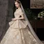 Victorian Style Champagne Wedding Dresses 2020 Ball Gown V-Neck Puffy Short Sleeve Backless Glitter Tulle Appliques Lace Beading Royal Train Ruffle