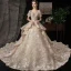 Victorian Style Champagne Wedding Dresses 2020 Ball Gown V-Neck Puffy Short Sleeve Backless Glitter Tulle Appliques Lace Beading Royal Train Ruffle