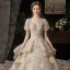 Victorian Style Champagne Wedding Dresses 2020 Ball Gown V-Neck Puffy Short Sleeve Backless Glitter Tulle Appliques Lace Beading Royal Train Ruffle