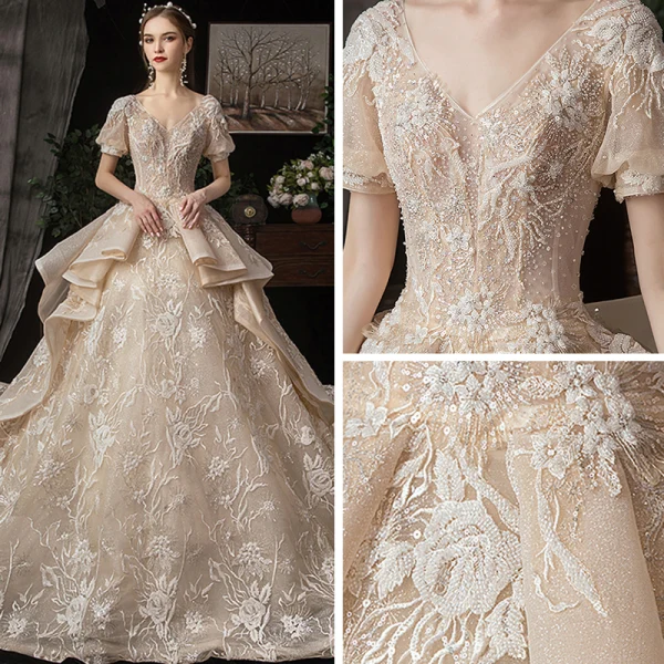 Victorian Style Champagne Wedding Dresses 2020 Ball Gown V-Neck Puffy Short Sleeve Backless Glitter Tulle Appliques Lace Beading Royal Train Ruffle