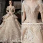 Victorian Style Champagne Wedding Dresses 2020 Ball Gown V-Neck Puffy Short Sleeve Backless Glitter Tulle Appliques Lace Beading Royal Train Ruffle