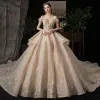 Luxury / Gorgeous Champagne Wedding Dresses 2020 Ball Gown Off-The-Shoulder Short Sleeve Backless Glitter Tulle Appliques Lace Sequins Beading Cathedral Train Ruffle