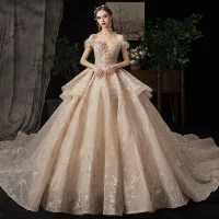 Luxe Champagne Robe De Mariée 2020 Robe Boule De l'épaule Manches Courtes Dos Nu Glitter Tulle Appliques En Dentelle Paillettes Perlage Cathedral Train Volants