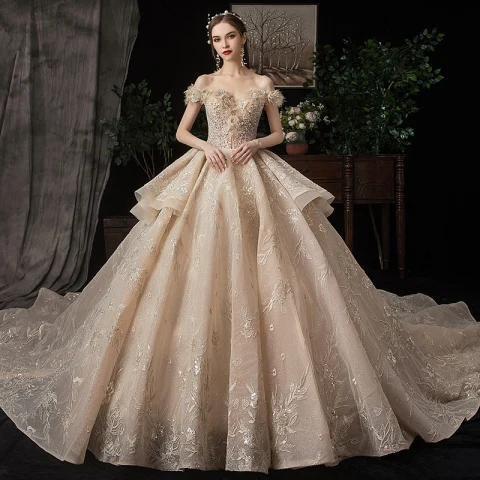 Luxury / Gorgeous Champagne Wedding Dresses 2020 Ball Gown Off-The-Shoulder Short Sleeve Backless Glitter Tulle Appliques Lace Sequins Beading Cathedral Train Ruffle