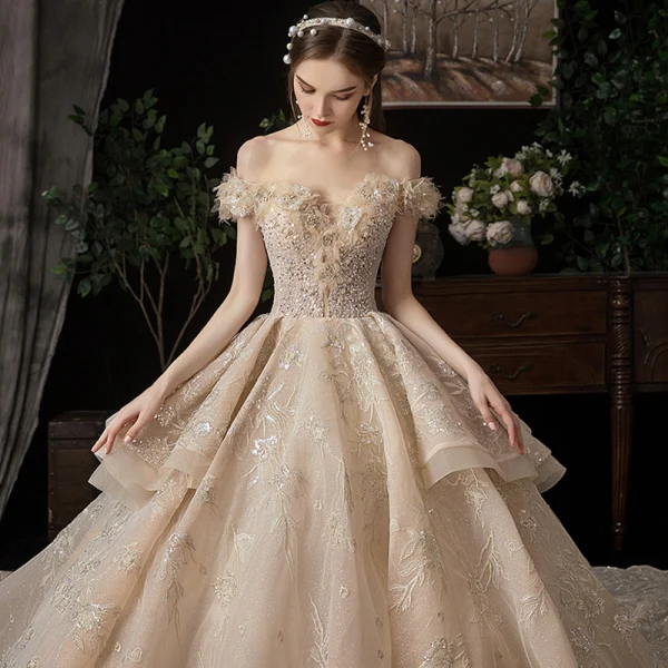 Luxury / Gorgeous Champagne Wedding Dresses 2020 Ball Gown Off-The-Shoulder Short Sleeve Backless Glitter Tulle Appliques Lace Sequins Beading Cathedral Train Ruffle