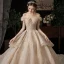 Luxury / Gorgeous Champagne Wedding Dresses 2020 Ball Gown Off-The-Shoulder Short Sleeve Backless Glitter Tulle Appliques Lace Sequins Beading Cathedral Train Ruffle