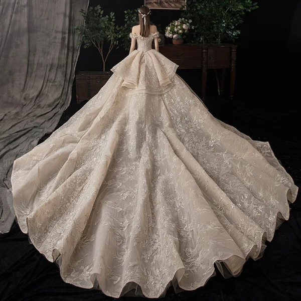 Luxury / Gorgeous Champagne Wedding Dresses 2020 Ball Gown Off-The-Shoulder Short Sleeve Backless Glitter Tulle Appliques Lace Sequins Beading Cathedral Train Ruffle