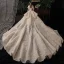 Luxury / Gorgeous Champagne Wedding Dresses 2020 Ball Gown Off-The-Shoulder Short Sleeve Backless Glitter Tulle Appliques Lace Sequins Beading Cathedral Train Ruffle