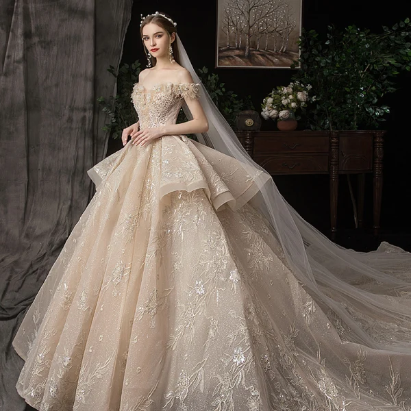 Luxury / Gorgeous Champagne Wedding Dresses 2020 Ball Gown Off-The-Shoulder Short Sleeve Backless Glitter Tulle Appliques Lace Sequins Beading Cathedral Train Ruffle