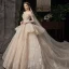 Luxury / Gorgeous Champagne Wedding Dresses 2020 Ball Gown Off-The-Shoulder Short Sleeve Backless Glitter Tulle Appliques Lace Sequins Beading Cathedral Train Ruffle