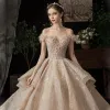 Luxury / Gorgeous Champagne Wedding Dresses 2020 Ball Gown Off-The-Shoulder Short Sleeve Backless Glitter Tulle Appliques Lace Sequins Beading Cathedral Train Ruffle