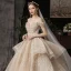 Luxury / Gorgeous Champagne Wedding Dresses 2020 Ball Gown Off-The-Shoulder Short Sleeve Backless Glitter Tulle Appliques Lace Sequins Beading Cathedral Train Ruffle