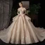 Luxury / Gorgeous Champagne Wedding Dresses 2020 Ball Gown Off-The-Shoulder Short Sleeve Backless Glitter Tulle Appliques Lace Sequins Beading Cathedral Train Ruffle