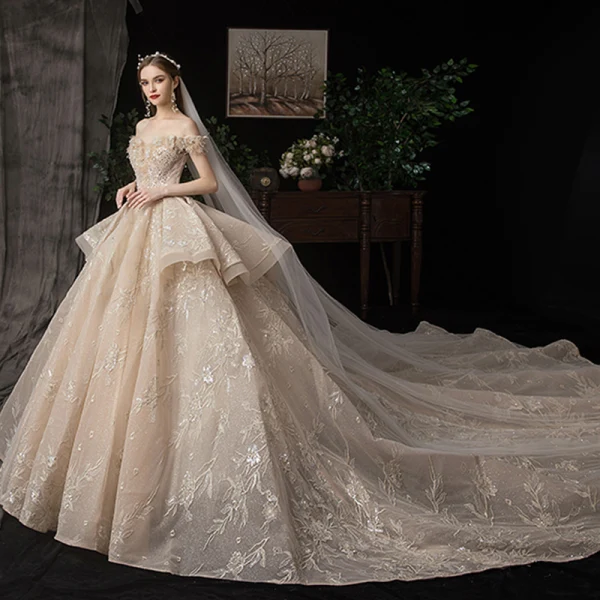 Luxury / Gorgeous Champagne Wedding Dresses 2020 Ball Gown Off-The-Shoulder Short Sleeve Backless Glitter Tulle Appliques Lace Sequins Beading Cathedral Train Ruffle