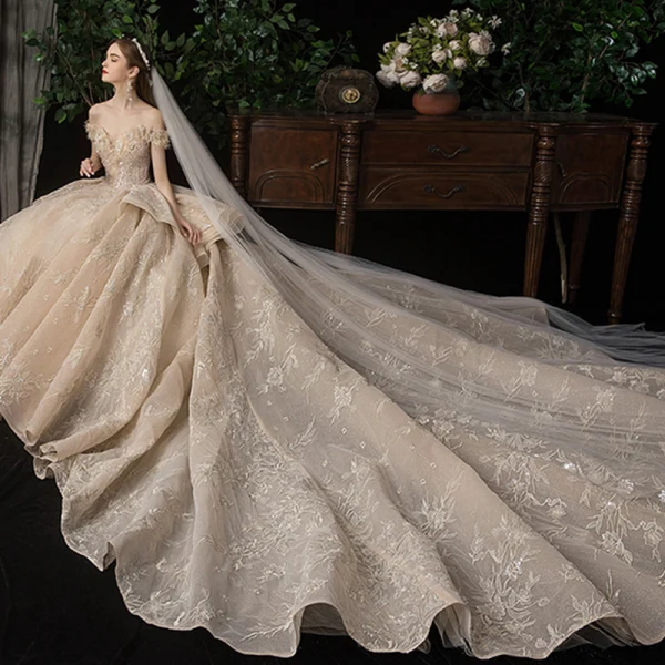 Luxury / Gorgeous Champagne Wedding Dresses 2020 Ball Gown Off-The-Shoulder Short Sleeve Backless Glitter Tulle Appliques Lace Sequins Beading Cathedral Train Ruffle