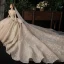 Luxury / Gorgeous Champagne Wedding Dresses 2020 Ball Gown Off-The-Shoulder Short Sleeve Backless Glitter Tulle Appliques Lace Sequins Beading Cathedral Train Ruffle