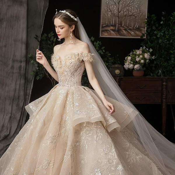 Luxury / Gorgeous Champagne Wedding Dresses 2020 Ball Gown Off-The-Shoulder Short Sleeve Backless Glitter Tulle Appliques Lace Sequins Beading Cathedral Train Ruffle