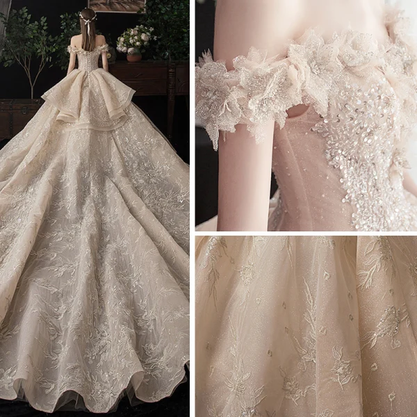 Luxury / Gorgeous Champagne Wedding Dresses 2020 Ball Gown Off-The-Shoulder Short Sleeve Backless Glitter Tulle Appliques Lace Sequins Beading Cathedral Train Ruffle