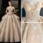 Luxury / Gorgeous Champagne Wedding Dresses 2020 Ball Gown Off-The-Shoulder Short Sleeve Backless Glitter Tulle Appliques Lace Sequins Beading Cathedral Train Ruffle