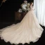 Chic / Beautiful Champagne See-through Lace Wedding Dresses 2020 A-Line / Princess V-Neck Long Sleeve Backless Glitter Tulle Beading Pearl Chapel Train Ruffle