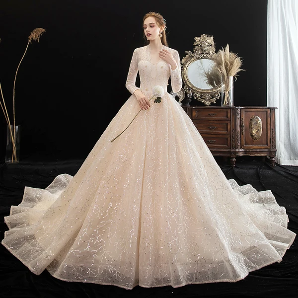 Chic / Beautiful Champagne See-through Lace Wedding Dresses 2020 A-Line / Princess V-Neck Long Sleeve Backless Glitter Tulle Beading Pearl Chapel Train Ruffle