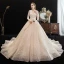 Chic / Beautiful Champagne See-through Lace Wedding Dresses 2020 A-Line / Princess V-Neck Long Sleeve Backless Glitter Tulle Beading Pearl Chapel Train Ruffle