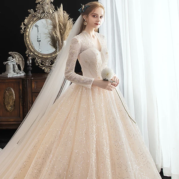 Chic / Beautiful Champagne See-through Lace Wedding Dresses 2020 A-Line / Princess V-Neck Long Sleeve Backless Glitter Tulle Beading Pearl Chapel Train Ruffle