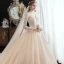 Chic / Beautiful Champagne See-through Lace Wedding Dresses 2020 A-Line / Princess V-Neck Long Sleeve Backless Glitter Tulle Beading Pearl Chapel Train Ruffle