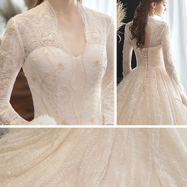 Chic / Beautiful Champagne See-through Lace Wedding Dresses 2020 A-Line / Princess V-Neck Long Sleeve Backless Glitter Tulle Beading Pearl Chapel Train Ruffle