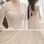 Chic / Beautiful Champagne See-through Lace Wedding Dresses 2020 A-Line / Princess V-Neck Long Sleeve Backless Glitter Tulle Beading Pearl Chapel Train Ruffle
