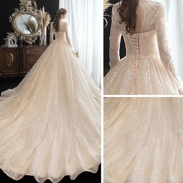 Chic / Beautiful Champagne See-through Lace Wedding Dresses 2020 A-Line / Princess V-Neck Long Sleeve Backless Glitter Tulle Beading Pearl Chapel Train Ruffle