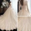 Chic / Beautiful Champagne See-through Lace Wedding Dresses 2020 A-Line / Princess V-Neck Long Sleeve Backless Glitter Tulle Beading Pearl Chapel Train Ruffle