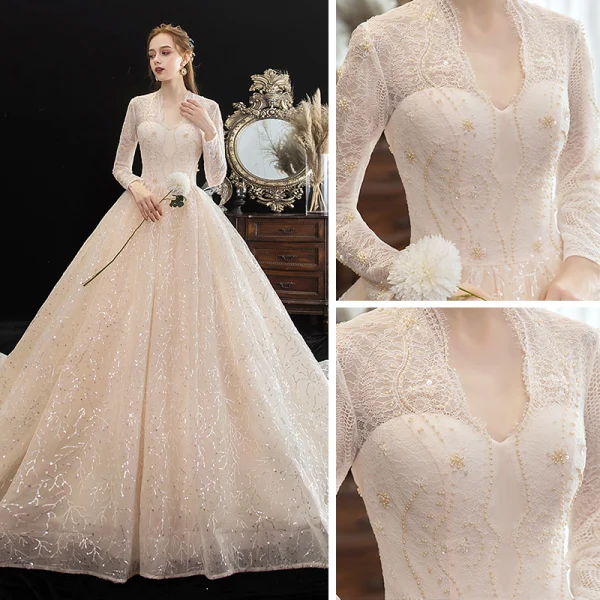 Chic / Beautiful Champagne See-through Lace Wedding Dresses 2020 A-Line / Princess V-Neck Long Sleeve Backless Glitter Tulle Beading Pearl Chapel Train Ruffle
