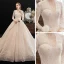 Chic / Beautiful Champagne See-through Lace Wedding Dresses 2020 A-Line / Princess V-Neck Long Sleeve Backless Glitter Tulle Beading Pearl Chapel Train Ruffle