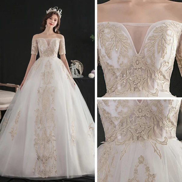 Abordable Ivoire Robe De Mariée 2020 Princesse De l'épaule Manches Courtes Dos Nu Glitter Appliques En Dentelle Chapel Train Volants