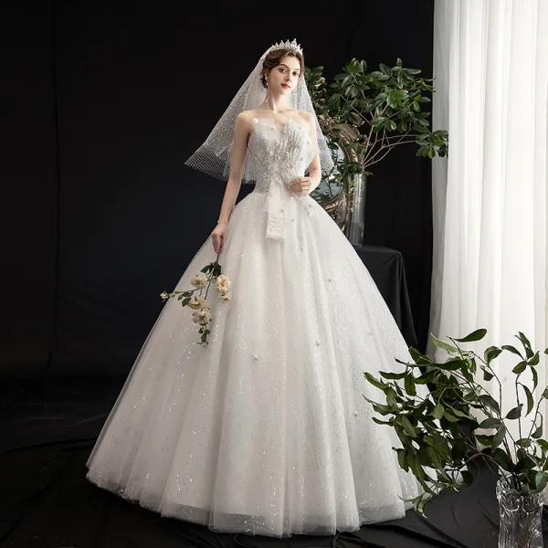 Affordable Ivory Wedding Dresses 2020 A-Line / Princess Sweetheart Sleeveless Backless Appliques Flower Beading Pearl Glitter Tulle Floor-Length / Long Ruffle