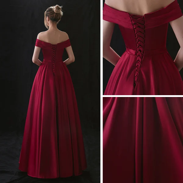 Haut de Gamme Bordeaux Satin Robe De Soirée 2020 Princesse De l'épaule Manches Courtes Ceinture Longue Volants Robe De Ceremonie