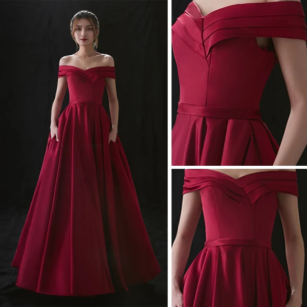 Haut de Gamme Bordeaux Satin Robe De Soirée 2020 Princesse De l'épaule Manches Courtes Ceinture Longue Volants Robe De Ceremonie