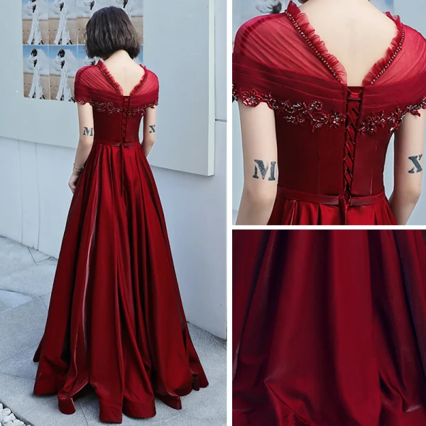 Élégant Bordeaux Transparentes Robe De Soirée 2019 Princesse Encolure Dégagée Manches Courtes Dos Nu Appliques En Dentelle Perlage Faux Diamant Ceinture Longue Volants Robe De Ceremonie