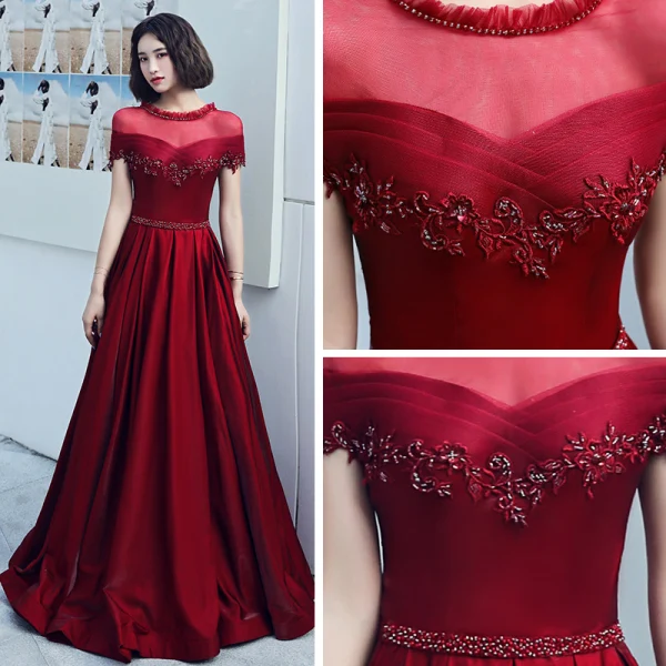 Élégant Bordeaux Transparentes Robe De Soirée 2019 Princesse Encolure Dégagée Manches Courtes Dos Nu Appliques En Dentelle Perlage Faux Diamant Ceinture Longue Volants Robe De Ceremonie