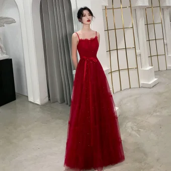 Chic Beautiful Burgundy Summer Evening Dresses 2019 A Line Princess Spaghetti Straps Sleeveless Glitter Tulle Sash Floor Length Long Ruffle Backless Formal Dresses